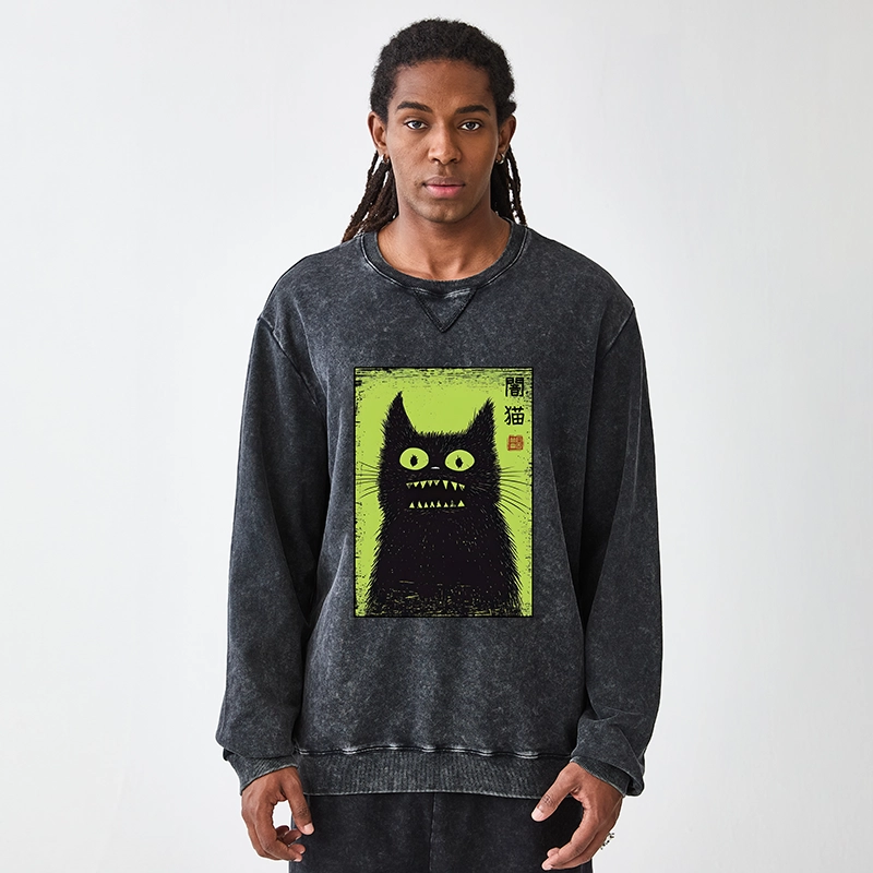 Tokyo-Tiger Spooky Black Cat Japanese Washed Terry Sweatshirt