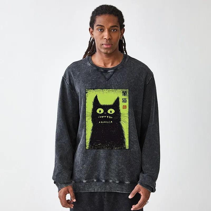 Tokyo-Tiger Spooky Black Cat Japanese Washed Terry Sweatshirt