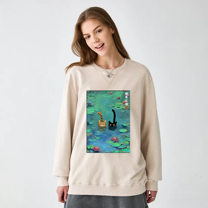 Tokyo-Tiger Funny Cats Swimming In Lilies Washed Terry Sweatshirt