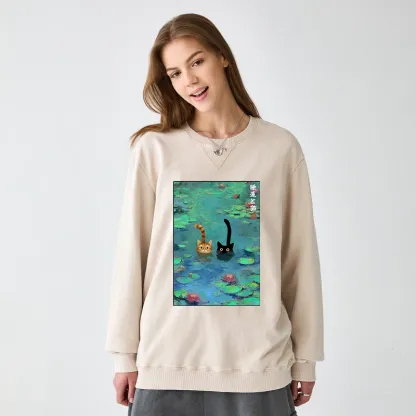 Tokyo-Tiger Funny Cats Swimming In Lilies Washed Terry Sweatshirt