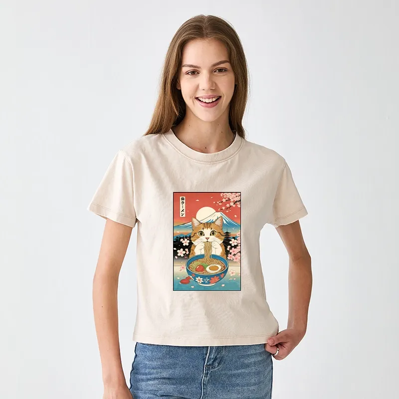 Tokyo-Tiger Funny Orange Cat Eating Ramen Japan Women's Washed T-shirt