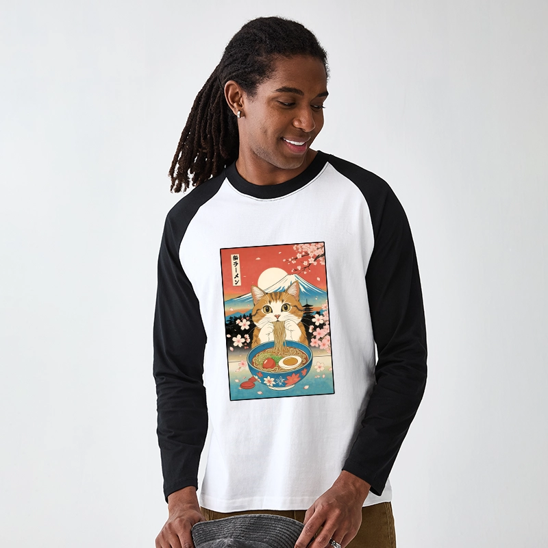 Tokyo-Tiger Funny Orange Cat Eating Ramen Japan Raglan Long Sleeve T-shirt