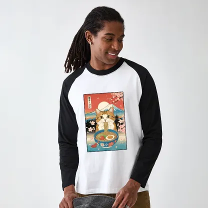 Tokyo-Tiger Funny Orange Cat Eating Ramen Japan Raglan Long Sleeve T-shirt