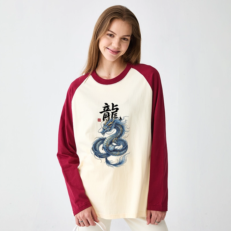 Tokyo-Tiger Mythic Blue Dragon Raglan Long Sleeve T-shirt