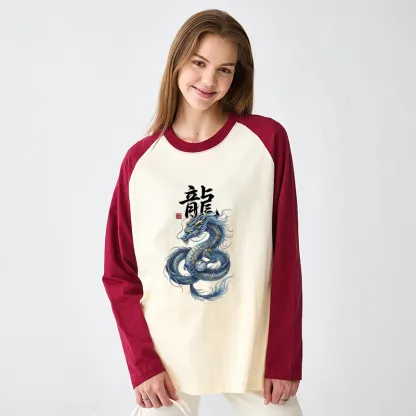 Tokyo-Tiger Mythic Blue Dragon Raglan Long Sleeve T-shirt