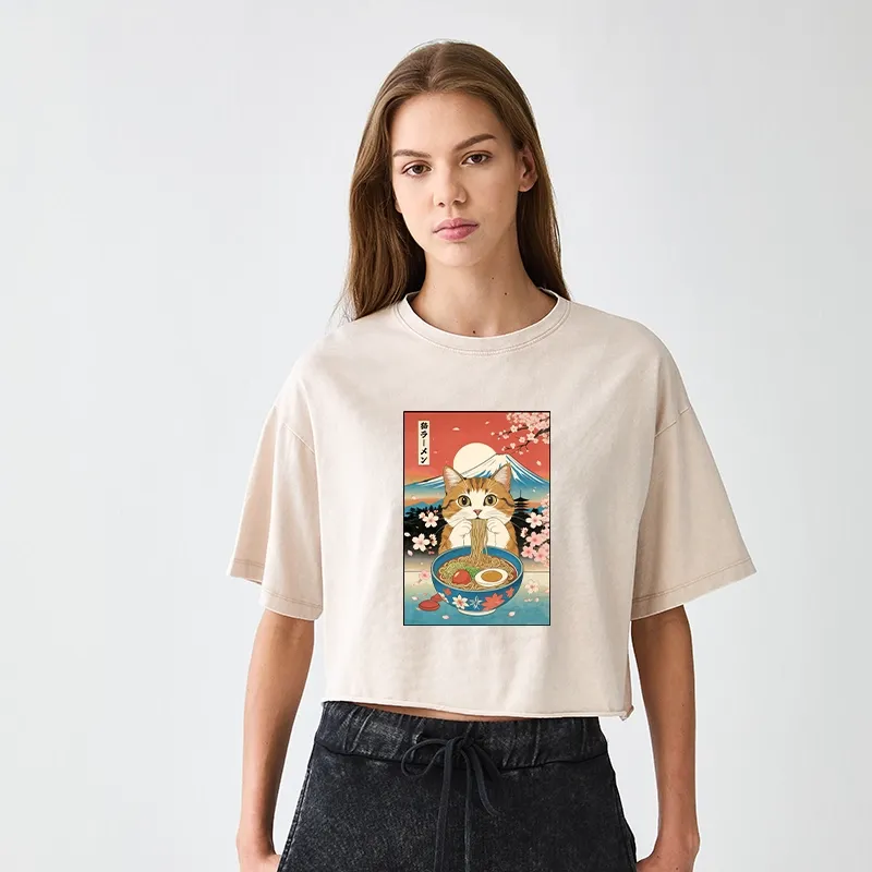 Tokyo-Tiger Funny Orange Cat Eating Ramen Japan Women's Washed Crop T-Shirt