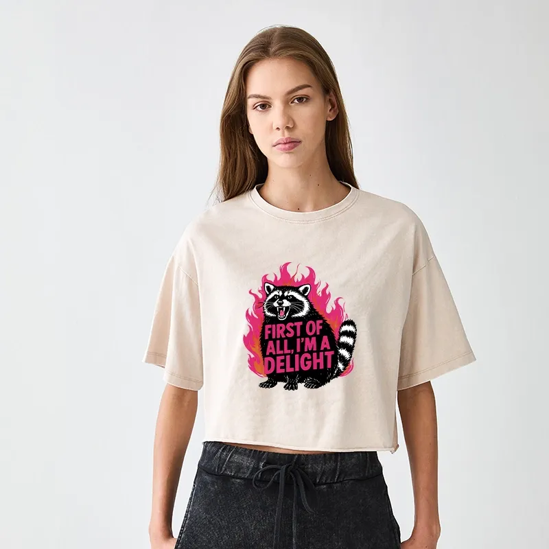 Tokyo-Tiger Angry Raccoon Funny Women's Washed Crop T-Shirt