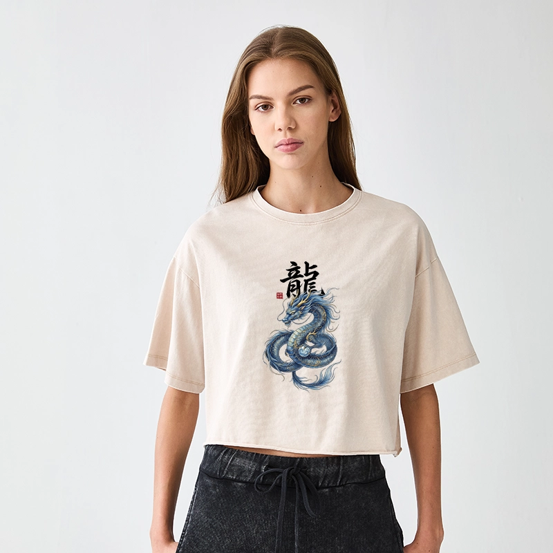 Tokyo-Tiger Mythic Blue Dragon Women's Washed Crop T-Shirt
