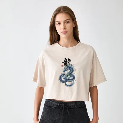 Tokyo-Tiger Mythic Blue Dragon Women's Washed Crop T-Shirt