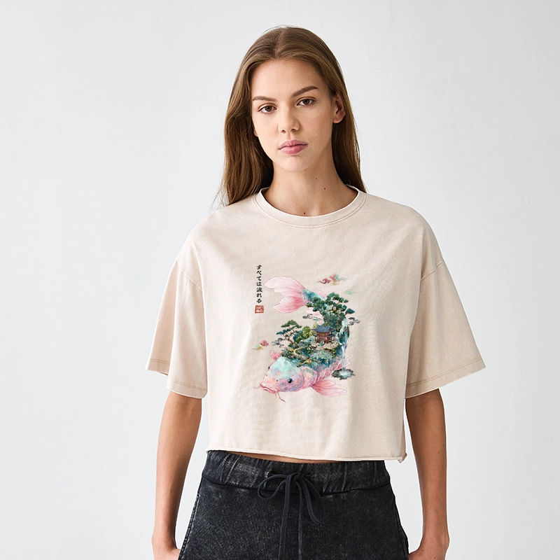 Tokyo-Tiger Journey Of The Flowing Koi Women's Washed Crop T-Shirt