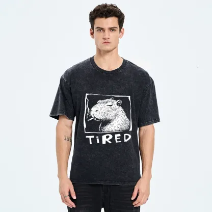 Tokyo-Tiger Tired Life Funny Capybara Art Washed T-Shirt