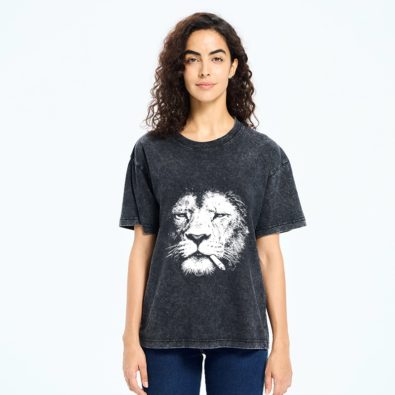Tokyo-Tiger Tired Lion Funny Smoking Washed T-Shirt