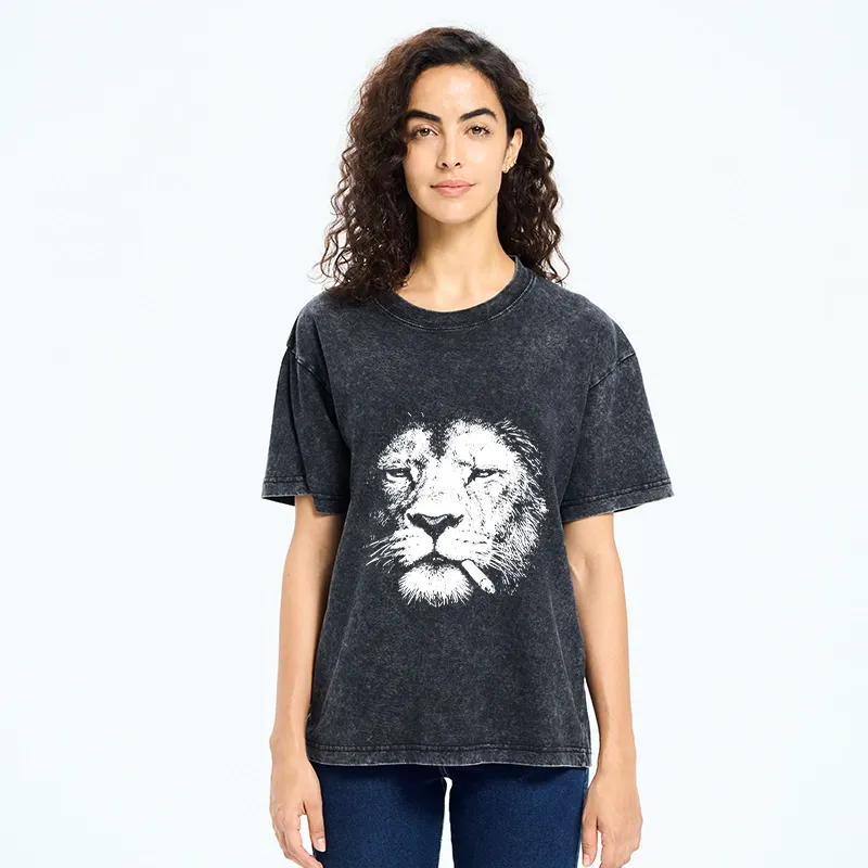 Tokyo-Tiger Tired Lion Funny Smoking Washed T-Shirt