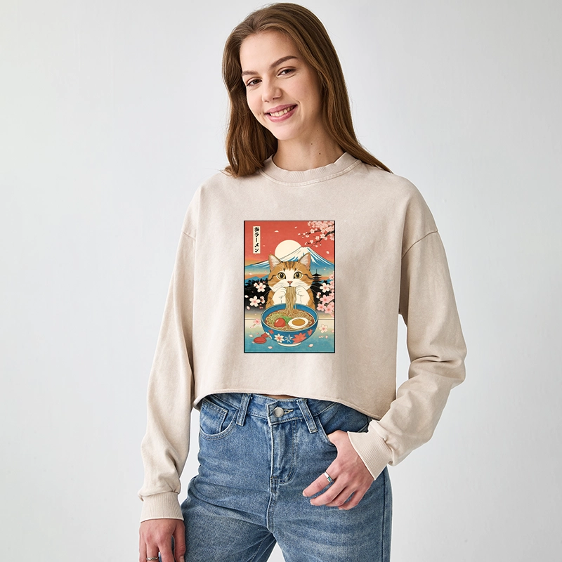 Tokyo-Tiger Funny Orange Cat Eating Ramen Japan Washed Crop Sweatshirt