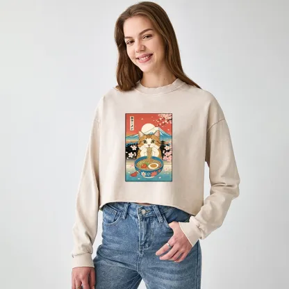 Tokyo-Tiger Funny Orange Cat Eating Ramen Japan Washed Crop Sweatshirt
