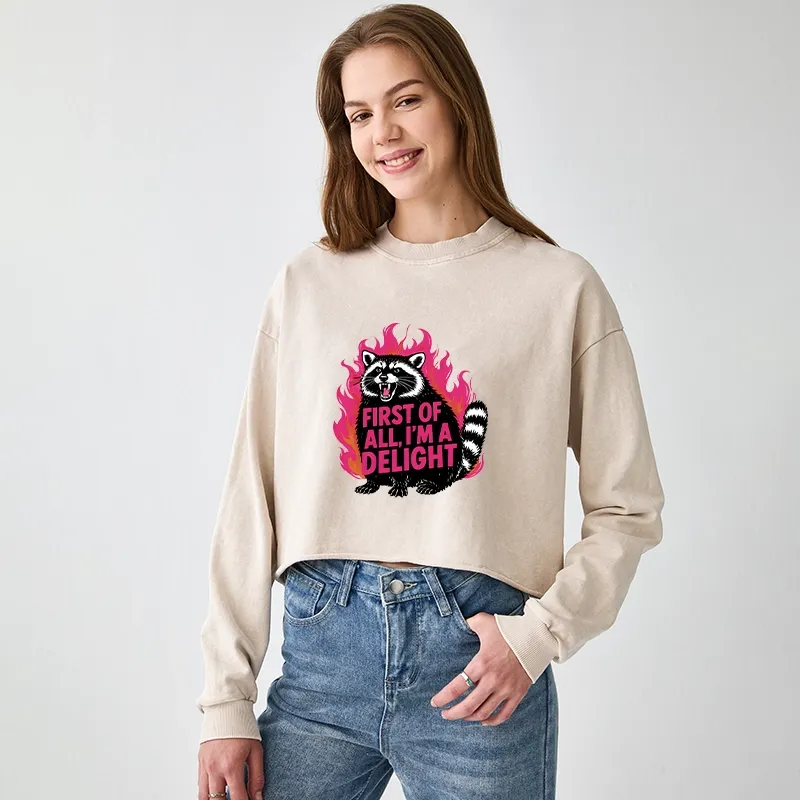 Tokyo-Tiger Angry Raccoon Funny Washed Crop Sweatshirt