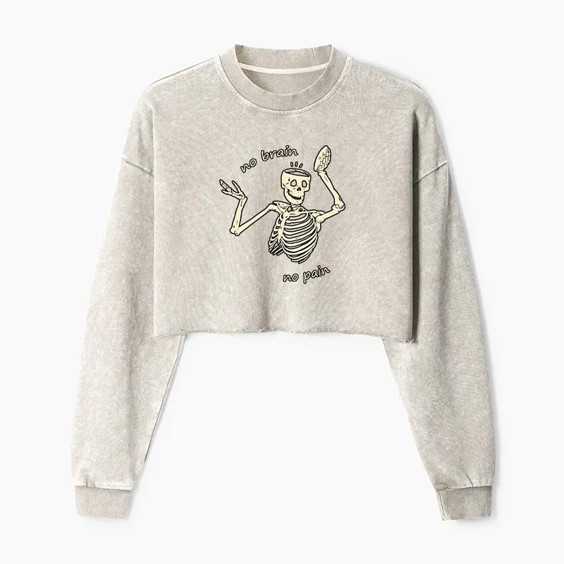 Tokyo-Tiger Skeletons Feel No Pain Washed Crop Sweatshirt