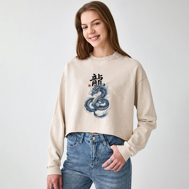Tokyo-Tiger Mythic Blue Dragon Washed Crop Sweatshirt