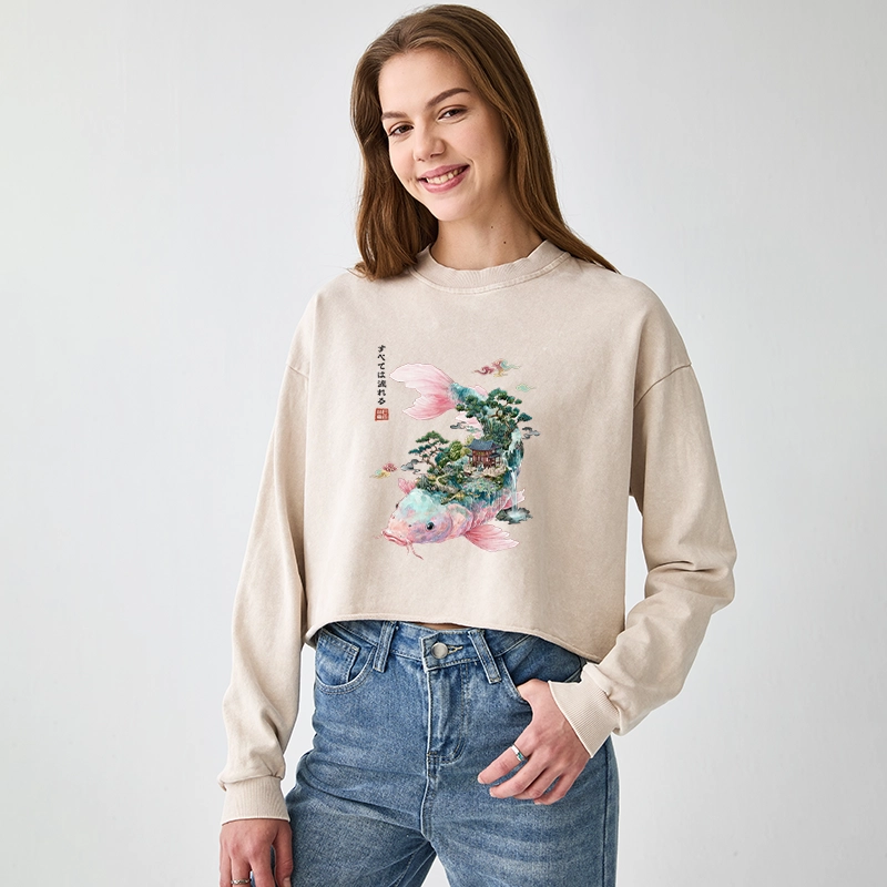 Tokyo-Tiger Journey Of The Flowing Koi Washed Crop Sweatshirt