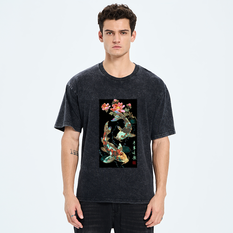 Tokyo-Tiger Everlasting Abundance:Koi & Peony Washed T-Shirt