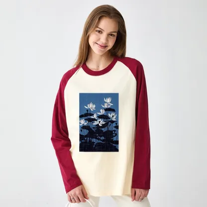 Tokyo-Tiger Blue Lotus Japanese Art Raglan Long Sleeve T-shirt