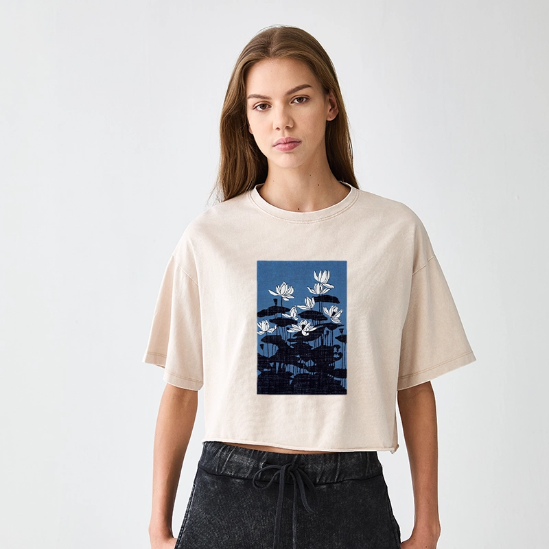 Tokyo-Tiger Blue Lotus Japanese Art Women's Washed Crop T-Shirt