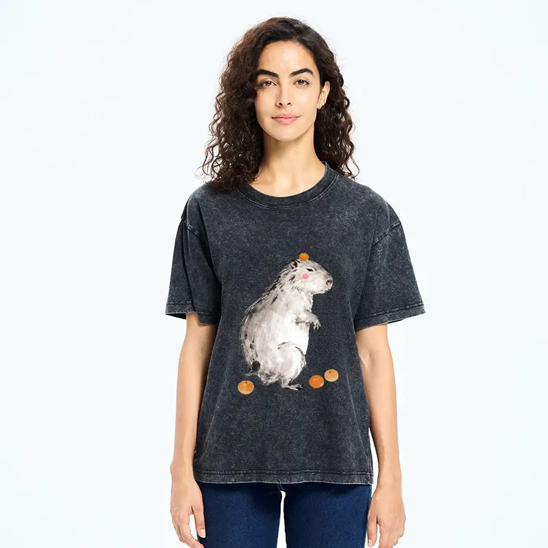 Tokyo-Tiger Orange On Capybara Funny Washed T-Shirt