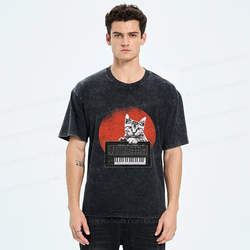 Tokyo-Tiger Cat And Analog Synthesizer Washed T-Shirt