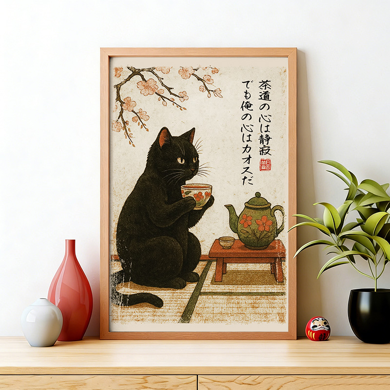 Tokyo-Tiger Tea Time With A Black Cat Wall Art Poster