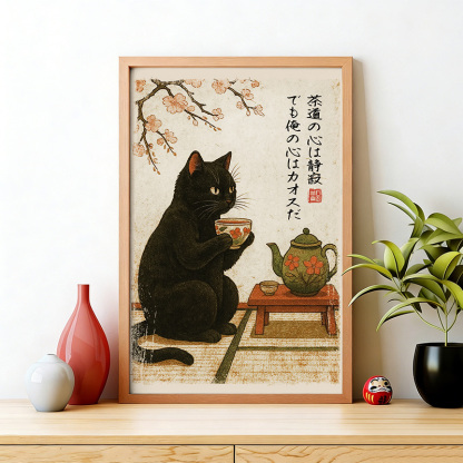 Tokyo-Tiger Tea Time With A Black Cat Wall Art Poster