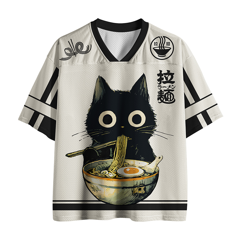Tokyo-Tiger Cute Black Cat Eating Ramen Japan Mesh Jersey