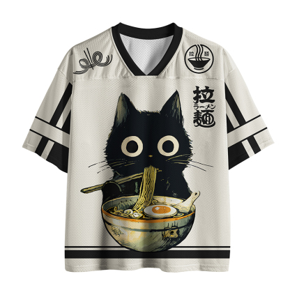 Tokyo-Tiger Cute Black Cat Eating Ramen Japan Mesh Jersey