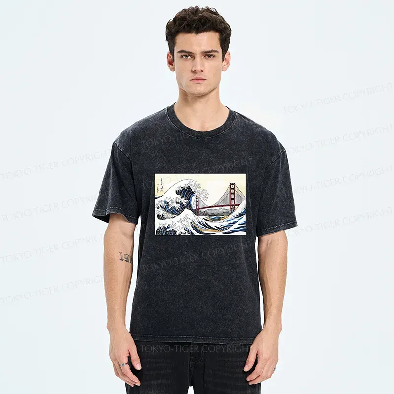 Tokyo-Tiger Golden Gate Bridge And Waves Washed T-Shirt