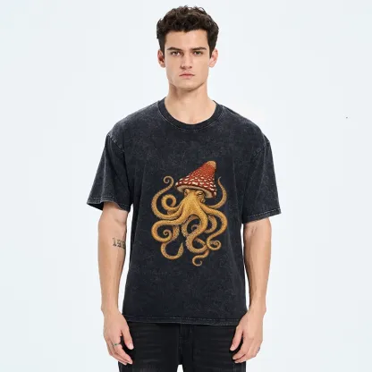Tokyo-Tiger Mushroom Octopus Fantasy Art Washed T-Shirt