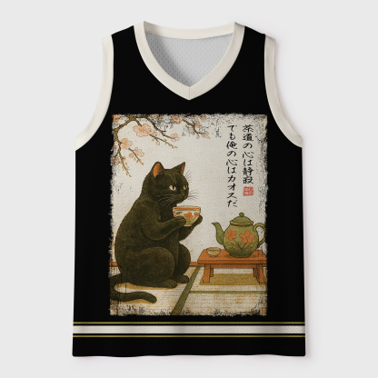 Tokyo-Tiger Funny Cat：Tea Time With A Black Cat Mesh Tank Top