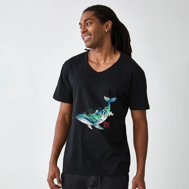 Tokyo-Tiger Whale Ink Painting Landscape V-Neck Classic T-Shirt