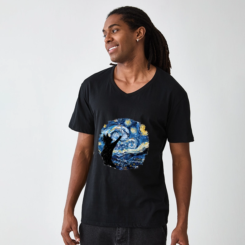Tokyo-Tiger Starry Night Black Cat V-Neck Classic T-Shirt