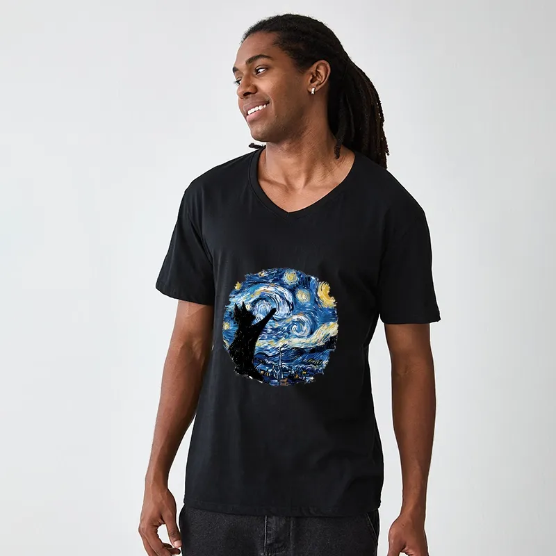 Tokyo-Tiger Starry Night Black Cat V-Neck Classic T-Shirt