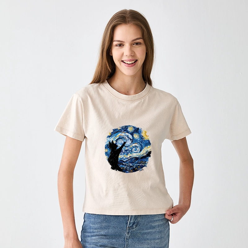 Tokyo-Tiger Starry Night Black Cat Women's Washed T-shirt