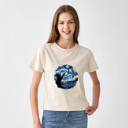 Tokyo-Tiger Starry Night Black Cat Women's Washed T-shirt