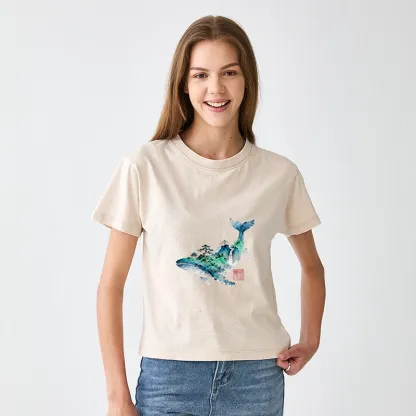 Tokyo-Tiger Whale Ink Painting Landscape Women's Washed T-shirt