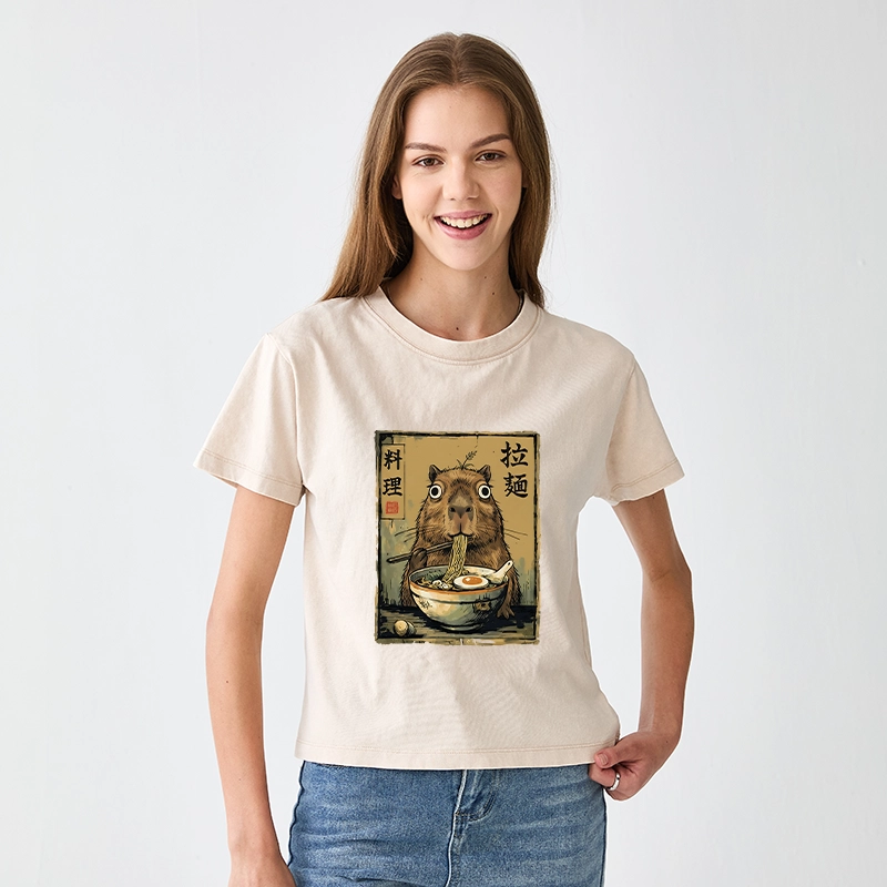 Tokyo-Tiger Cute Capybara Eating Ramen Women's Washed T-shirt