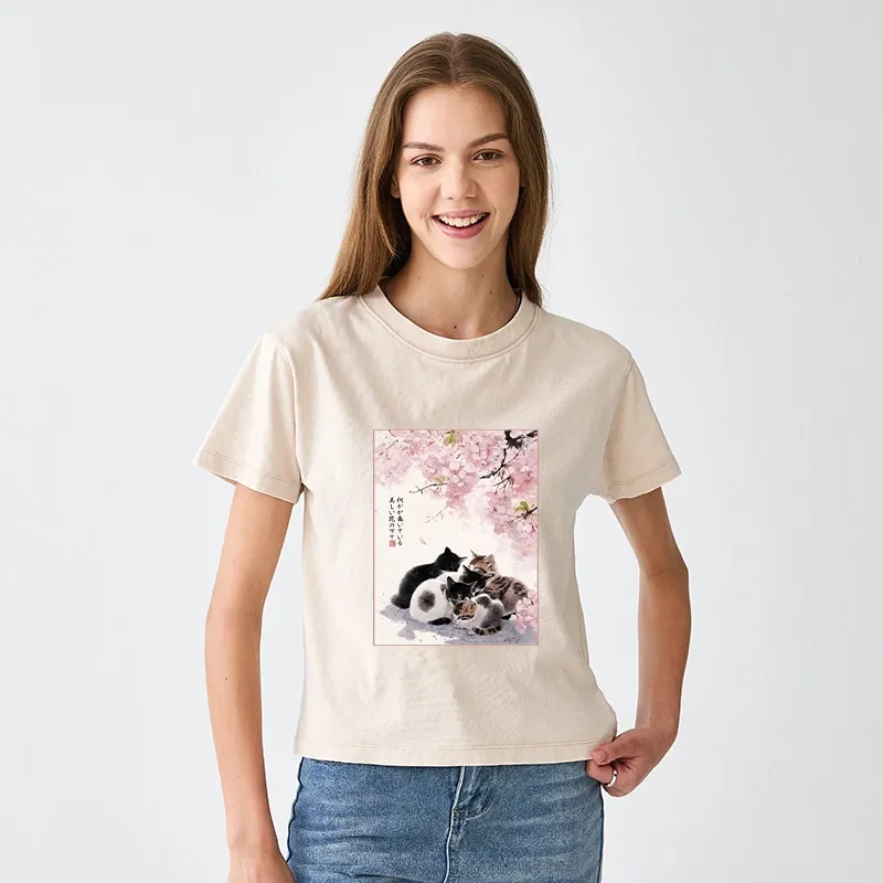Tokyo-Tiger Cute Cats Sakura Garden Women's Washed T-shirt