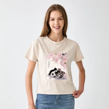 Tokyo-Tiger Cute Cats Sakura Garden Women's Washed T-shirt