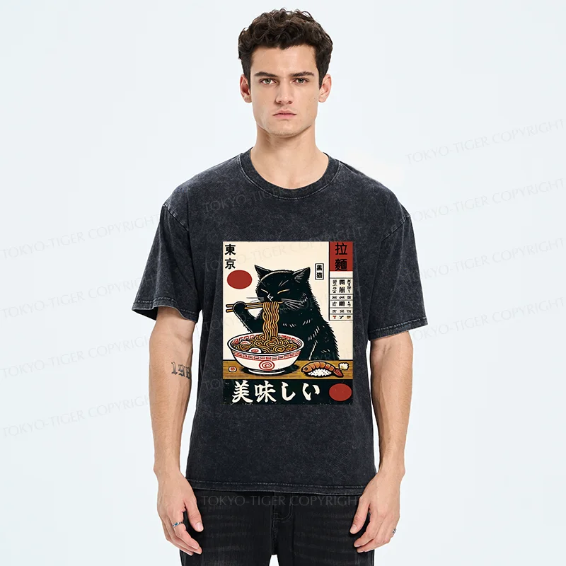 Tokyo-Tiger Black Cat Eating Japanese Ramen Washed T-Shirt