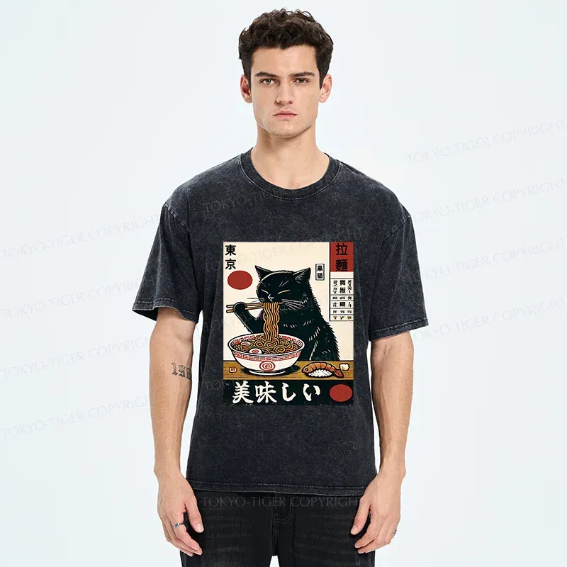 Tokyo-Tiger Black Cat Eating Japanese Ramen Washed T-Shirt