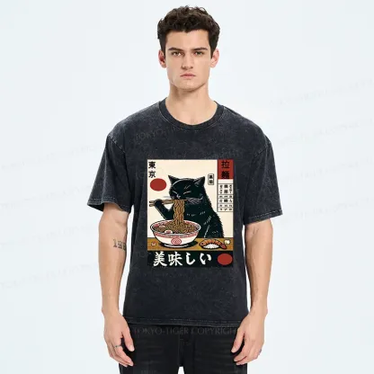 Tokyo-Tiger Black Cat Eating Japanese Ramen Washed T-Shirt