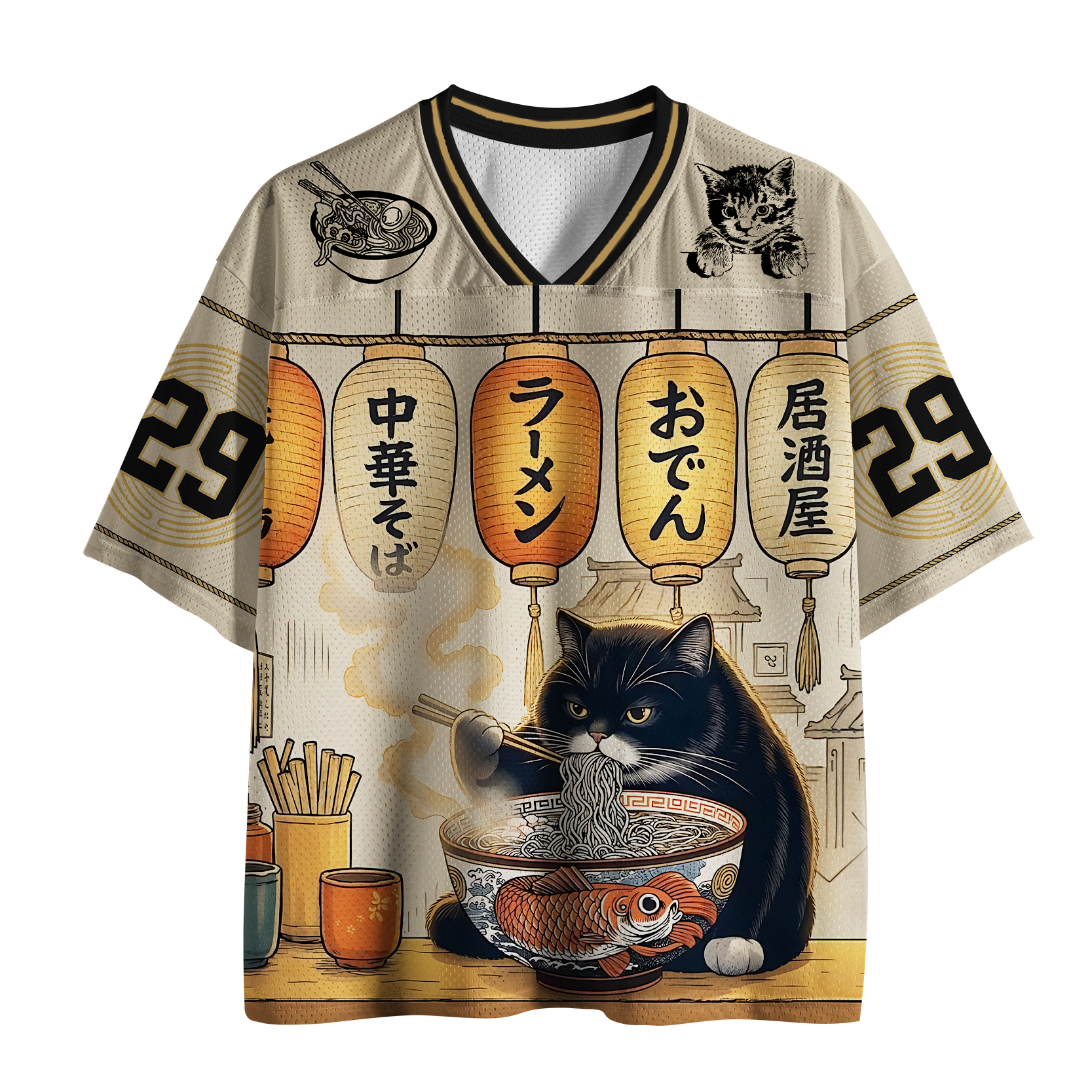 Tokyo-Tiger Fat Cat Eating Ramen Mesh Jersey