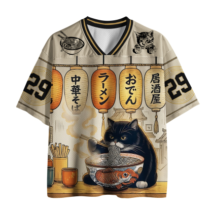 Tokyo-Tiger Fat Cat Eating Ramen Mesh Jersey