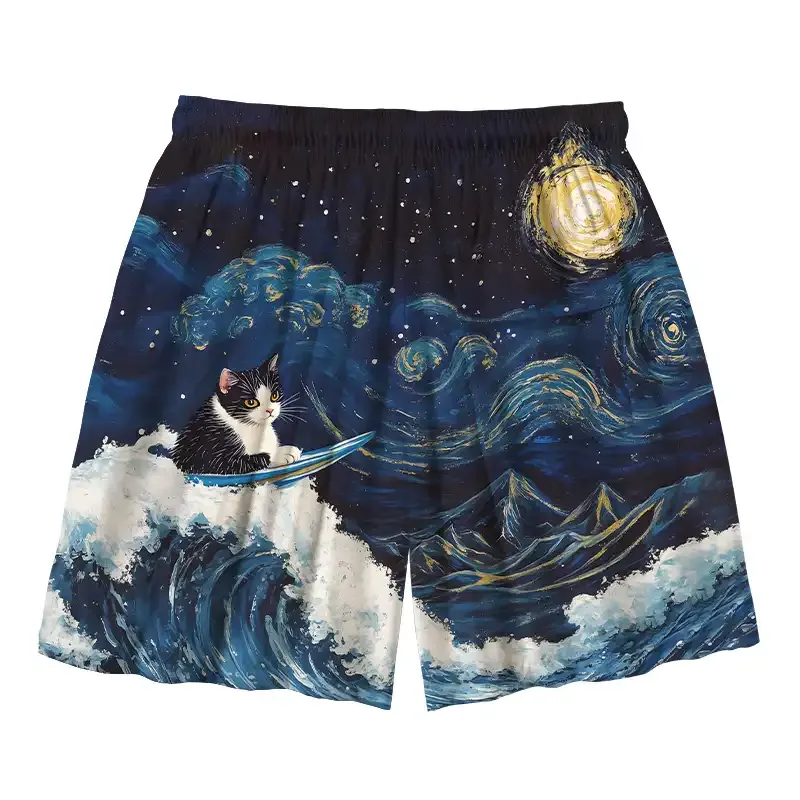 Tokyo-Tiger The Great Wave Off Cat Aloha Mens Swim Trunks